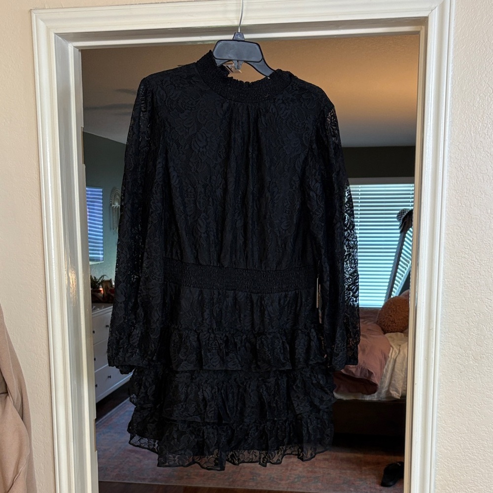 Express Black Long-Sleeve Lace Ruffle Dress